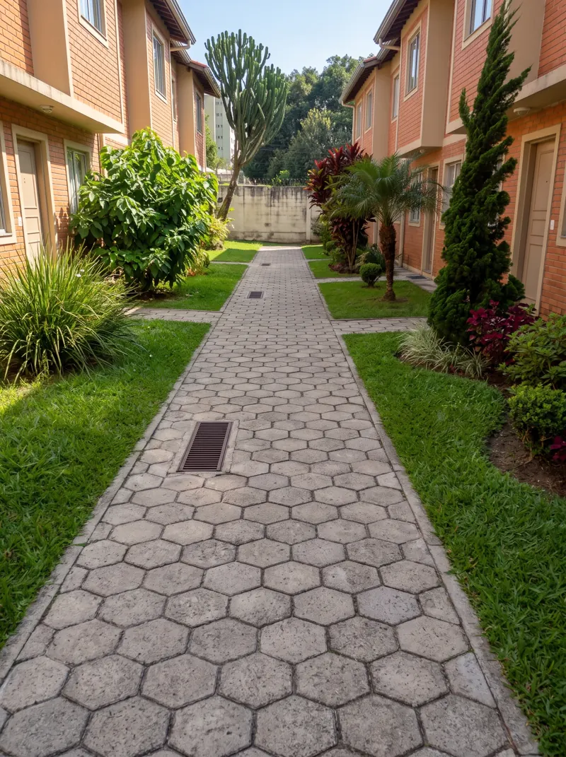 Caminho de piso sextavado entre gramados aparados, sebes e plantas em condomínio residencial